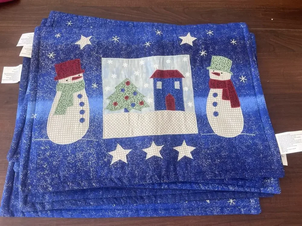 Vintage Blue Placemats Snowman Christmas Set Of 6 Patchwork Folklore